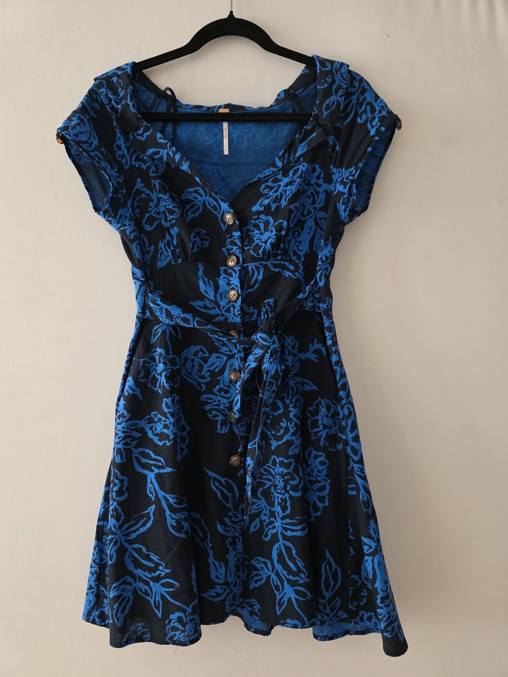 Free People Black Dress with Vibrant Blue Floral Print and Tie Waist